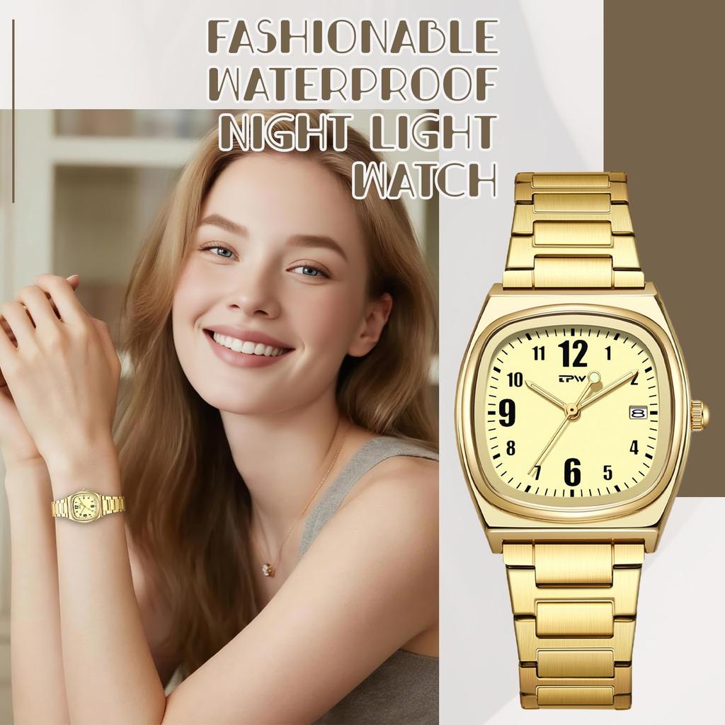 Square Watch Women Calendar Luminous Analog Display Cute Fashion Stainless Steel Band Waterproof Quartz Wristwatch Fashion Accessory - Birthday
