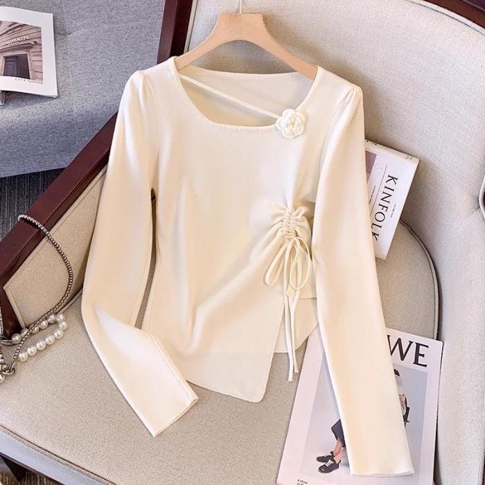 

Элегантный 3D Цветок Абрикосовый Слим-топ для Женщин - Квадратный Вырез, Осенне-Зимний Слой Large абрикосовый