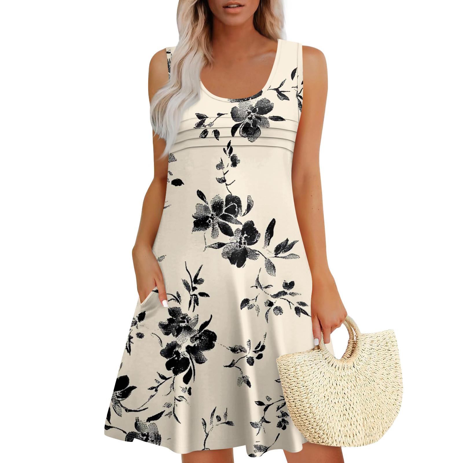 

Жіночі літні сукні Вільні сарафани без рукавів Сукня з кишенями XXL бежевий