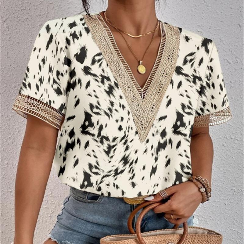 Sommer V-Ausschnitt Spitze Loose Print Damen Bluse Tops Stilvolle Bürodame Kurzarmshirt Damen Vintage Elegante Casual Blusen Damenbekleidung 24308