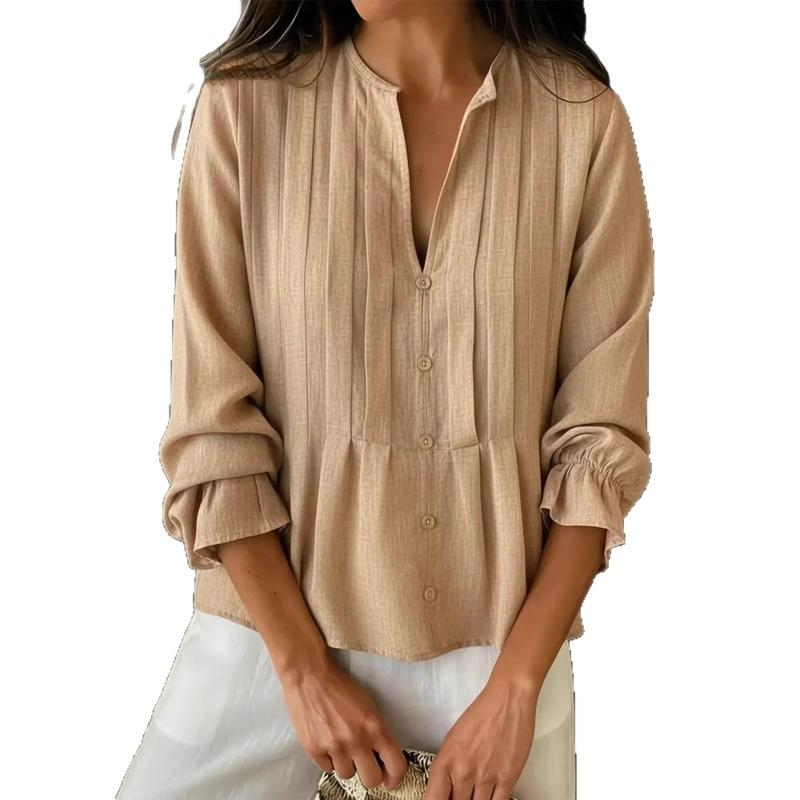 Spring and Summer New Women's Casual Solid Color V-neck Long-sleeved Cotton and Linen Shirts for Women