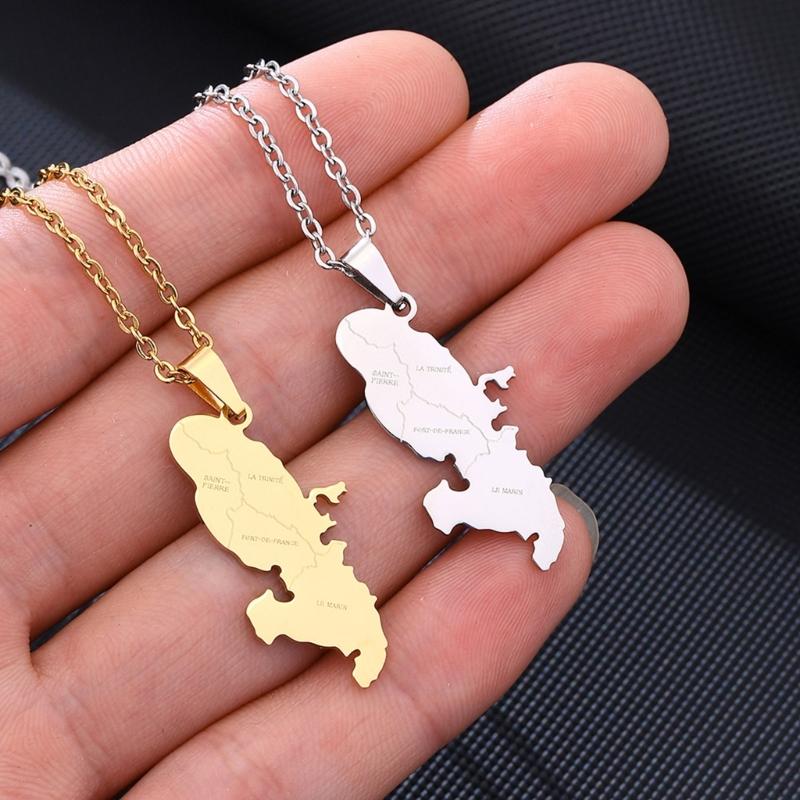 Stainless Steel Martinique Map Pendant Necklace Women Men Fashion Jewelry Silver/Gold Color Patriotism Country Choker