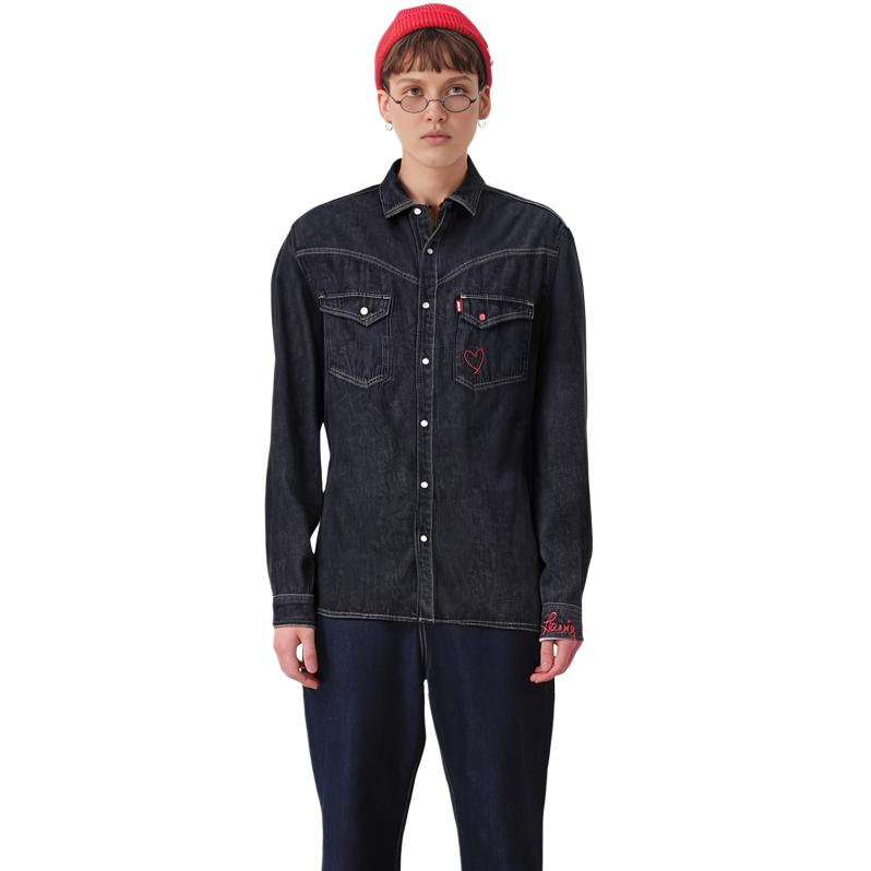 Levis 90er Vintage Serie Bedruckte einreihige Jeansjacke Damenjacken Schwarz A1743-0021