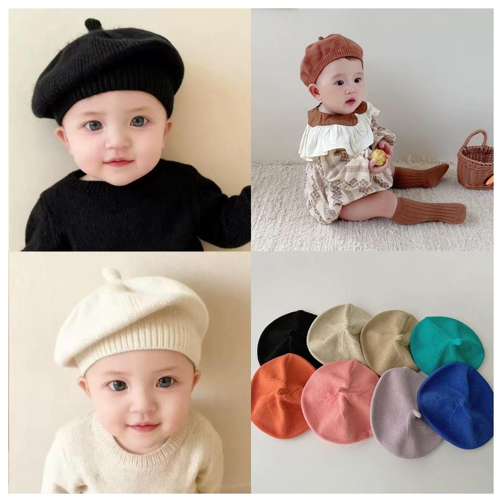 Unisex Baby Knitted Wool Beret - Spring/Autumn Style, Warm, Solid Color, Trendy Children's Painter Hat