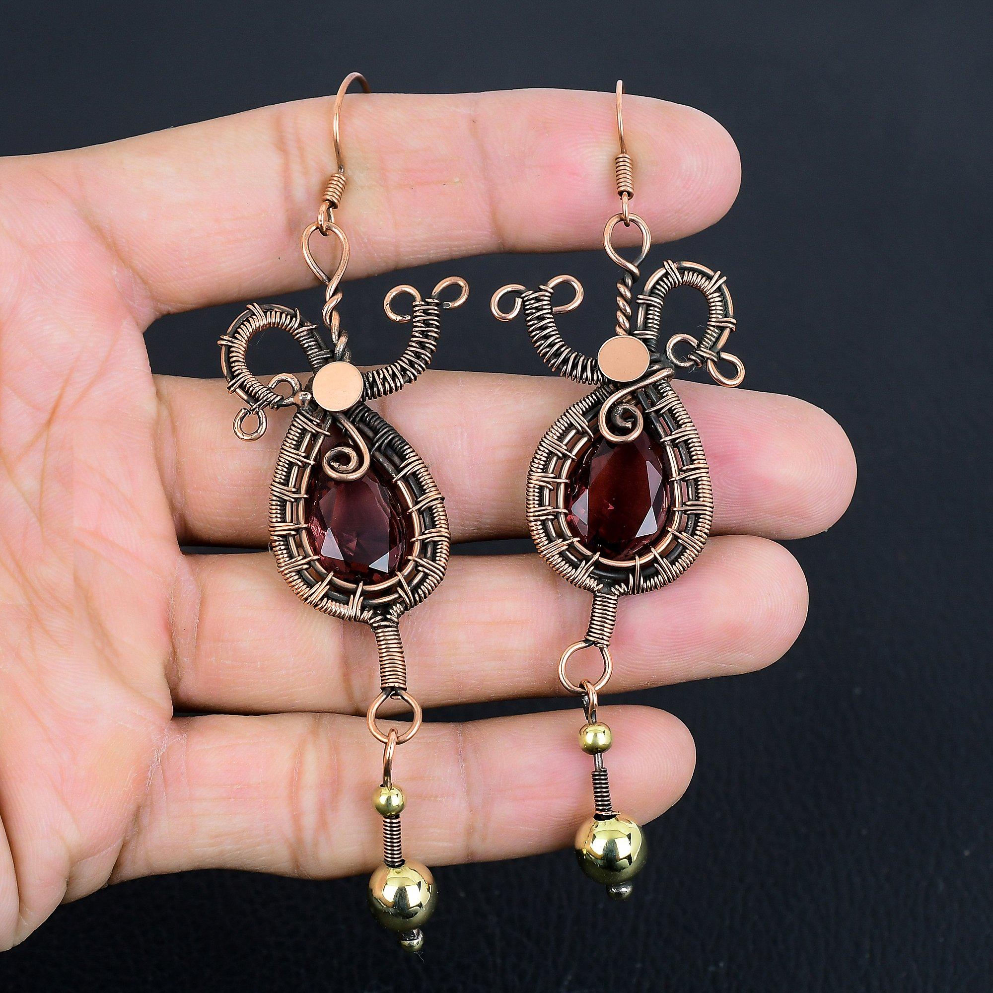 

Украшения из граната, серьги, обернутые медной проволокой 999 пробы, серьги из драгоценных камней ручной работы на День памяти 3.55 Inches