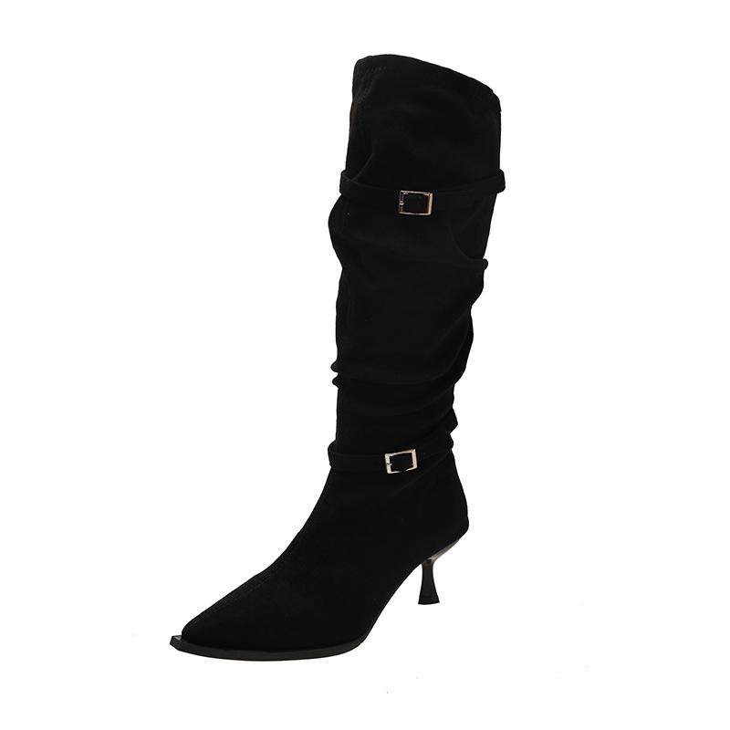 Versatile Pleated Pointed Stiletto Heel Pile Boots 2025 Women's Belt Buckle Western Cowboy Boots Knight Boots Long Boots Long Boots
