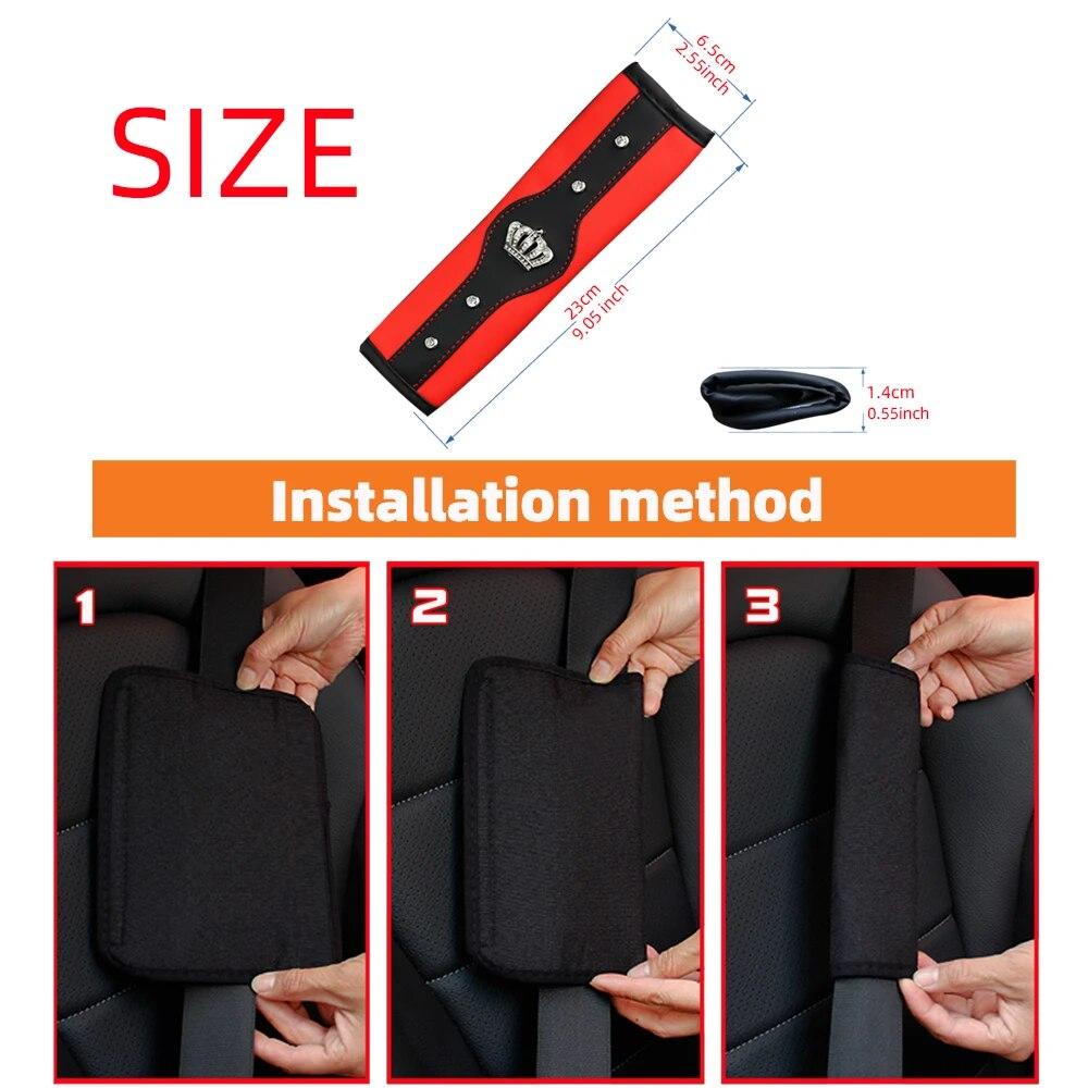 A Stereo Leather Car Seat Belt Shoulder Protector with a Rhinestone Crown and a Car Accessory with an Insurance Belt Cover