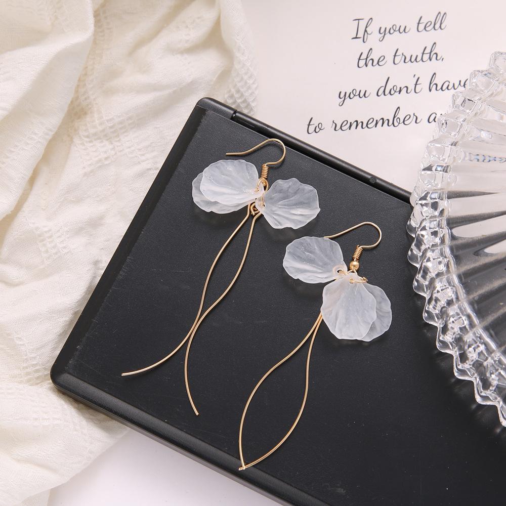 Korean-Style Petal Water Drop Tassel Stud Earrings for Women – Hanfu Accessories, Long Slim Design