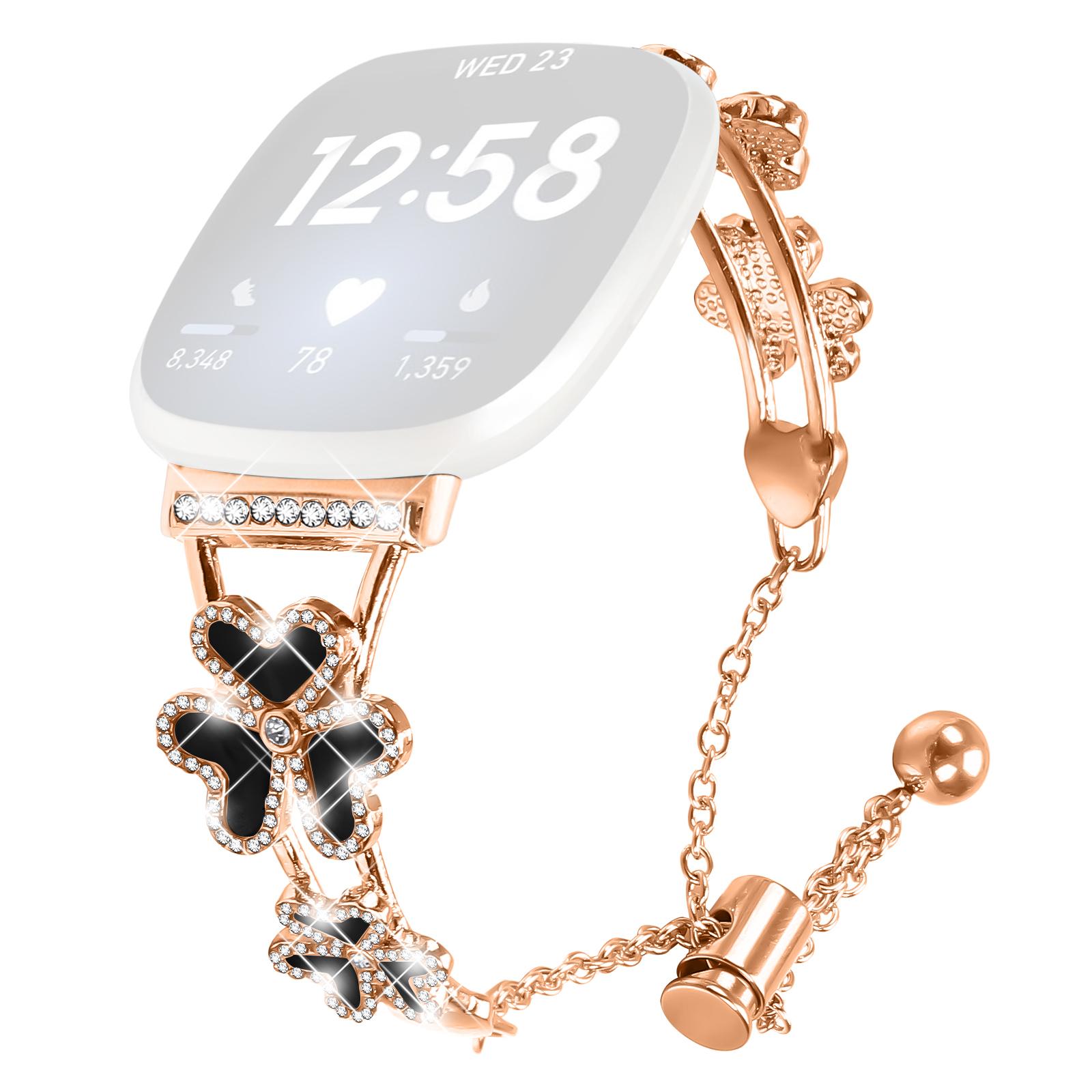 

Metal Band Heart Clover Decor For Fitbit Versa 3/Sense Watch Bracelet Replacement Rose Gold