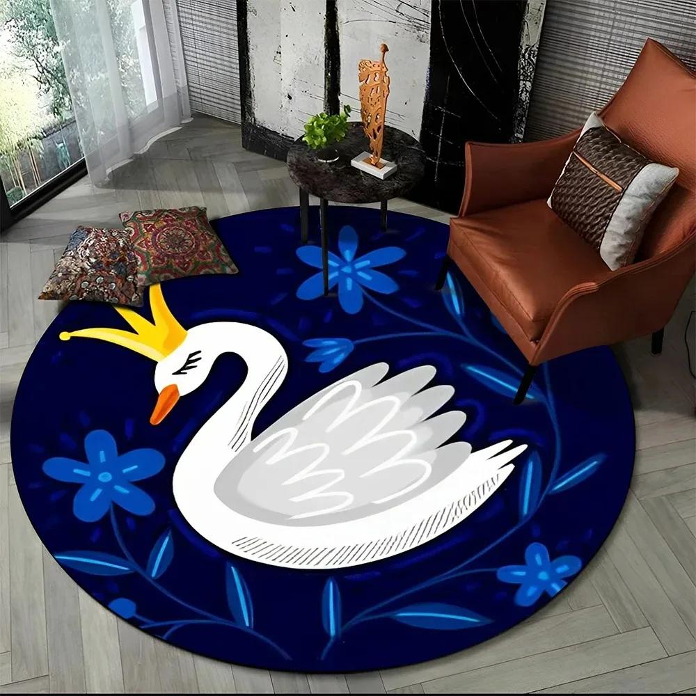 Cartoon Swan Flowers Round Carpet Watercolor Style Animal Floor Mat Circle Rug Kids Girls Bedroom Living Room Yoga Mat Anti-Slip