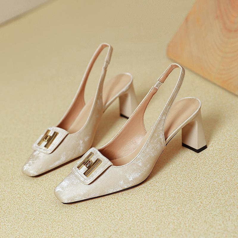 French Square Head Empty Single Shoes 2025 New Summer High-heeled Bag Head Sandals Women's Word with Thick Heels High Heels