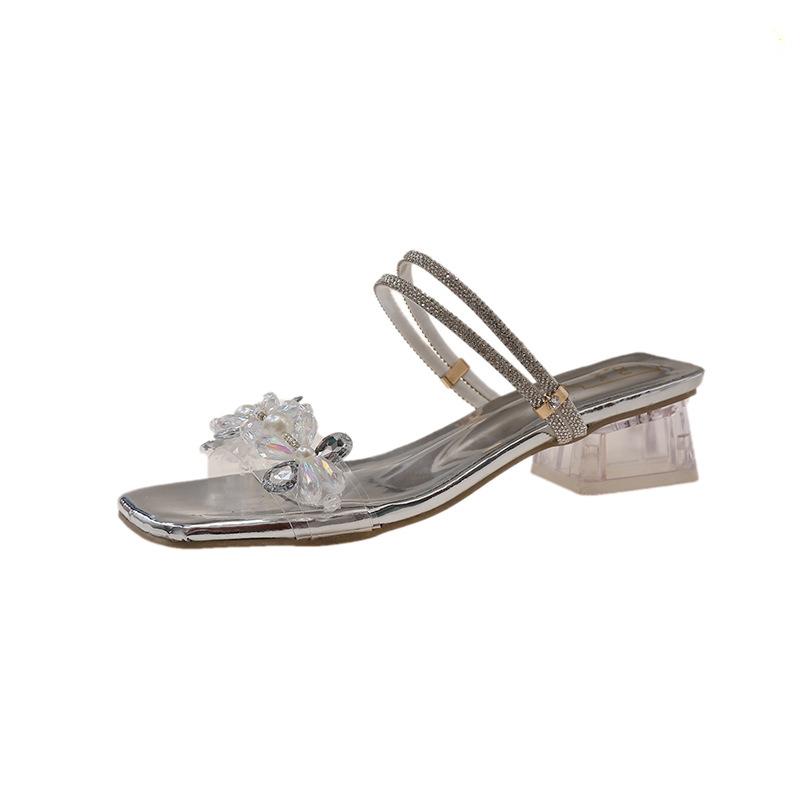 

Rhinestone transparent sandals 2025 summer new open-toed square head thick heel wear versatile sweet French sandals 42