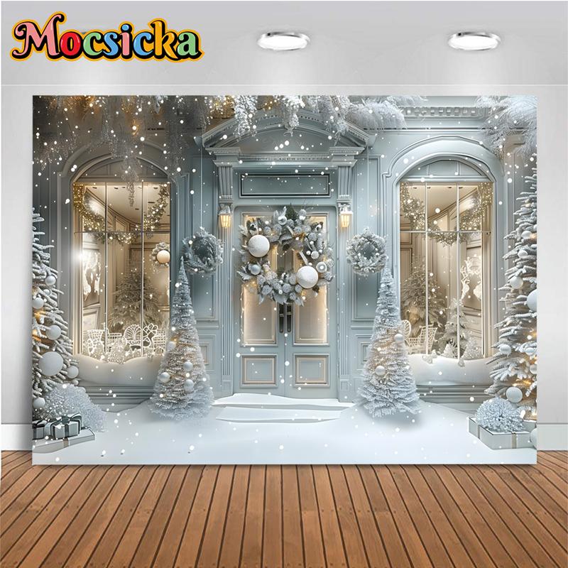 Merry Christmas Backgrounds For Photographs White Snow House Tree Children Shooting Props Decorations Backdrops Studio Photocall