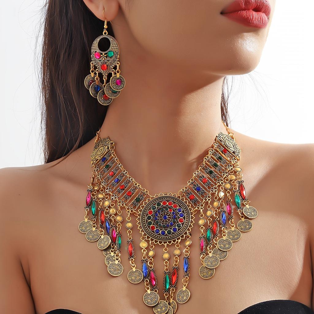 Popular Bohemian Ethnic Style Exaggerated Jewelry Set Women's Necklace Earrings Diamond Jewelry