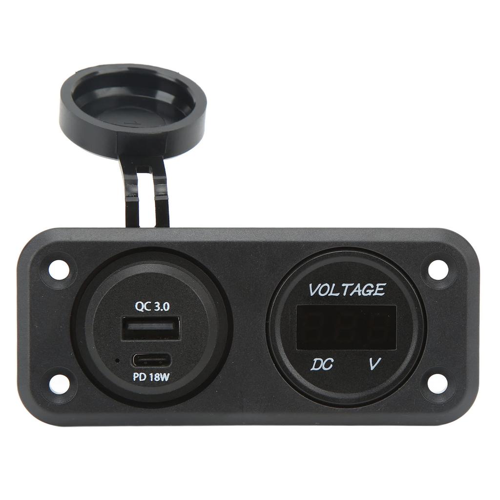 Dual Port Car Charger with Blue Backlight Voltmeter QC 3.0 PD 18W DC10‑30V for Truck RV Bus Boat