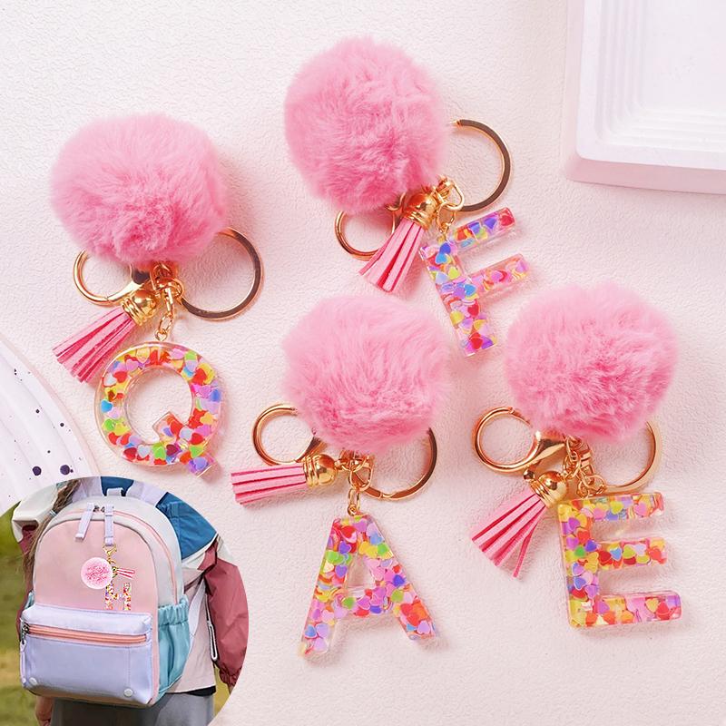 1 Stück Schlüsselanhänger Bunt A-Z Geschenk Quaste Schlüsselzubehör Legierung Flauschiger Schlüsselanhänger Initialanhänger Für Taschen Rucksäcke Glitzer