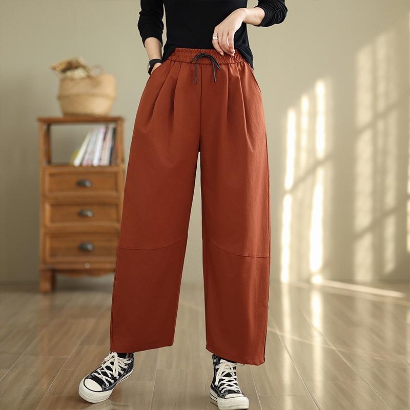 2025 Summer New Korean Version of Temperament Cotton Nine-point Casual Pants Women's Hip Covering and Thin Solid Color Elastic Waist Wide-leg Pants