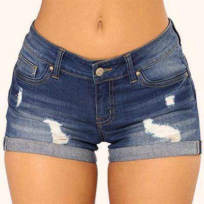 Women Jeans Ripped Mid Waist Solid Color Soft Short Jeans for Daily Wear
