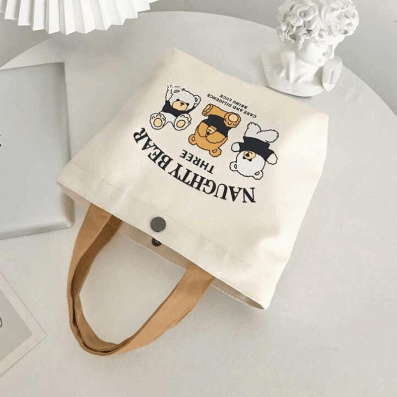Bear Canvas Bag, Portable Tote Bag, Small Cartoon Canvas Bag for Lunch Boxes, Versatile and Simple Carrying Bag