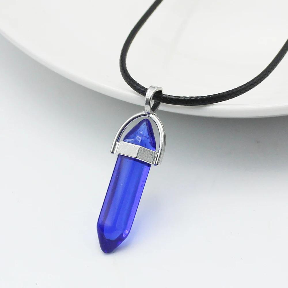 Natural Stone Pendant Necklace Women PU Leather Hexagonal Column Pointed Reiki Chakra Lapis Chunky Jewelry