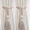 Bohemian Curtain Tiebacks Handwoven Rope with Tassels & Wood Beads Decorative Window Holdbacks for Living Room Bedroom Home Decor