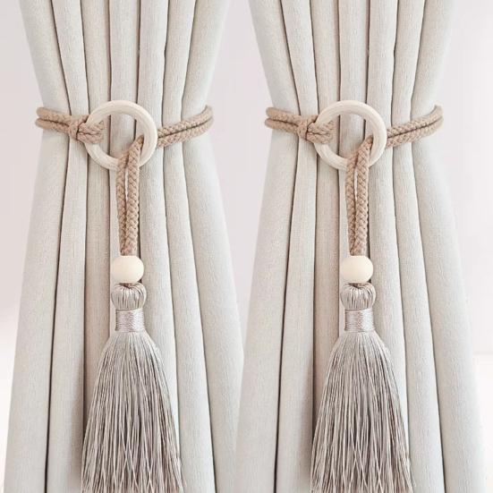Bohemian Curtain Tiebacks Handwoven Rope with Tassels & Wood Beads Decorative Window Holdbacks for Living Room Bedroom Home Decor