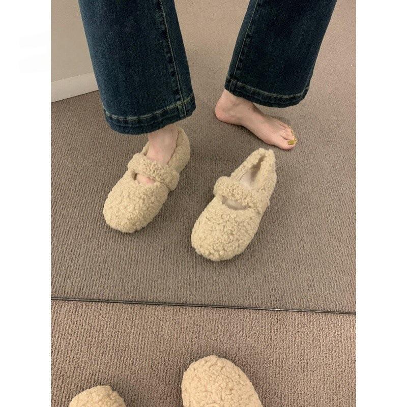 Gentle fairy wind round head with fluffy shoes, flat-bottomed pregnant women warm Doudou cotton shoes