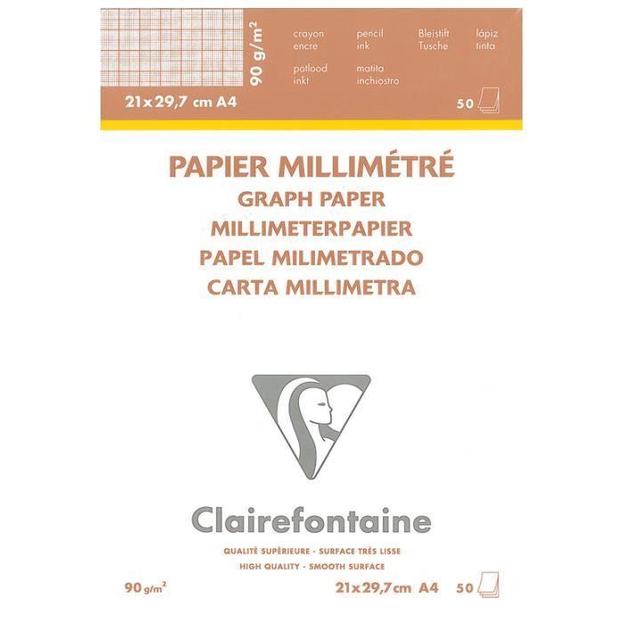 Bloc papier vélin millimétré - A4 - 50 feuilles - 90g - Blanc - Mixte