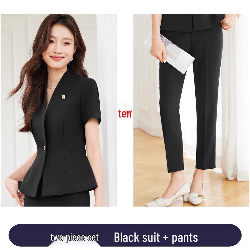 Women's Short Sleeve Black Blazer & Skirt Suit Set - Summer 2024 High-End Professional Workwear