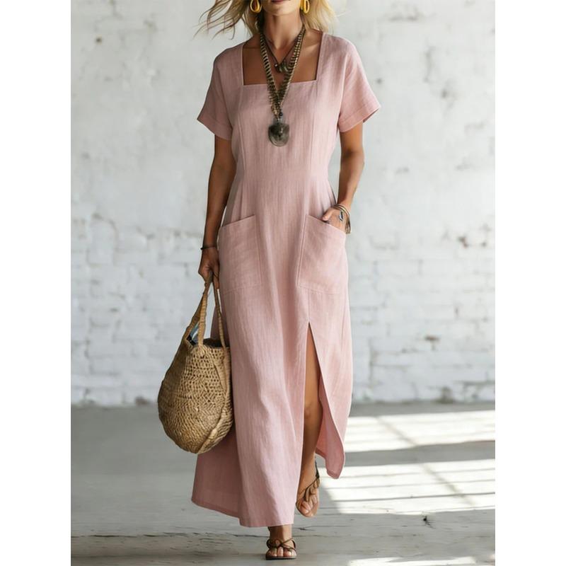 Summer New Style Solid-color Loose V-neck Short-sleeved Dress for Women, Irregular-length Dress