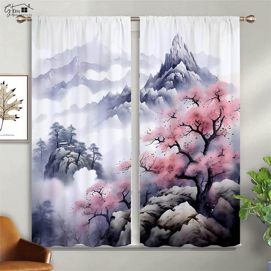 Kinesiskt landskapsmåleri 3D-tryckta gardiner Tuschmålning Kalligrafi Zen Elegant Klassisk Kanalfållsgardiner 2 stycken