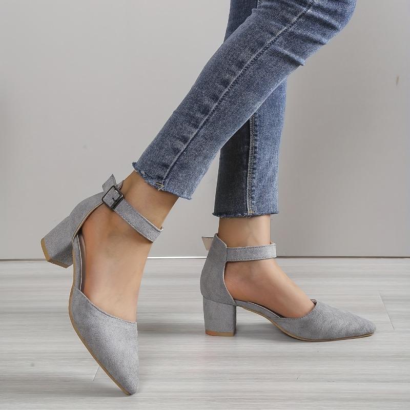 Women's Ankle Strap Chunky Heels, Pointed Toe Solid Color D'Orsay Mid Heels, Versatile