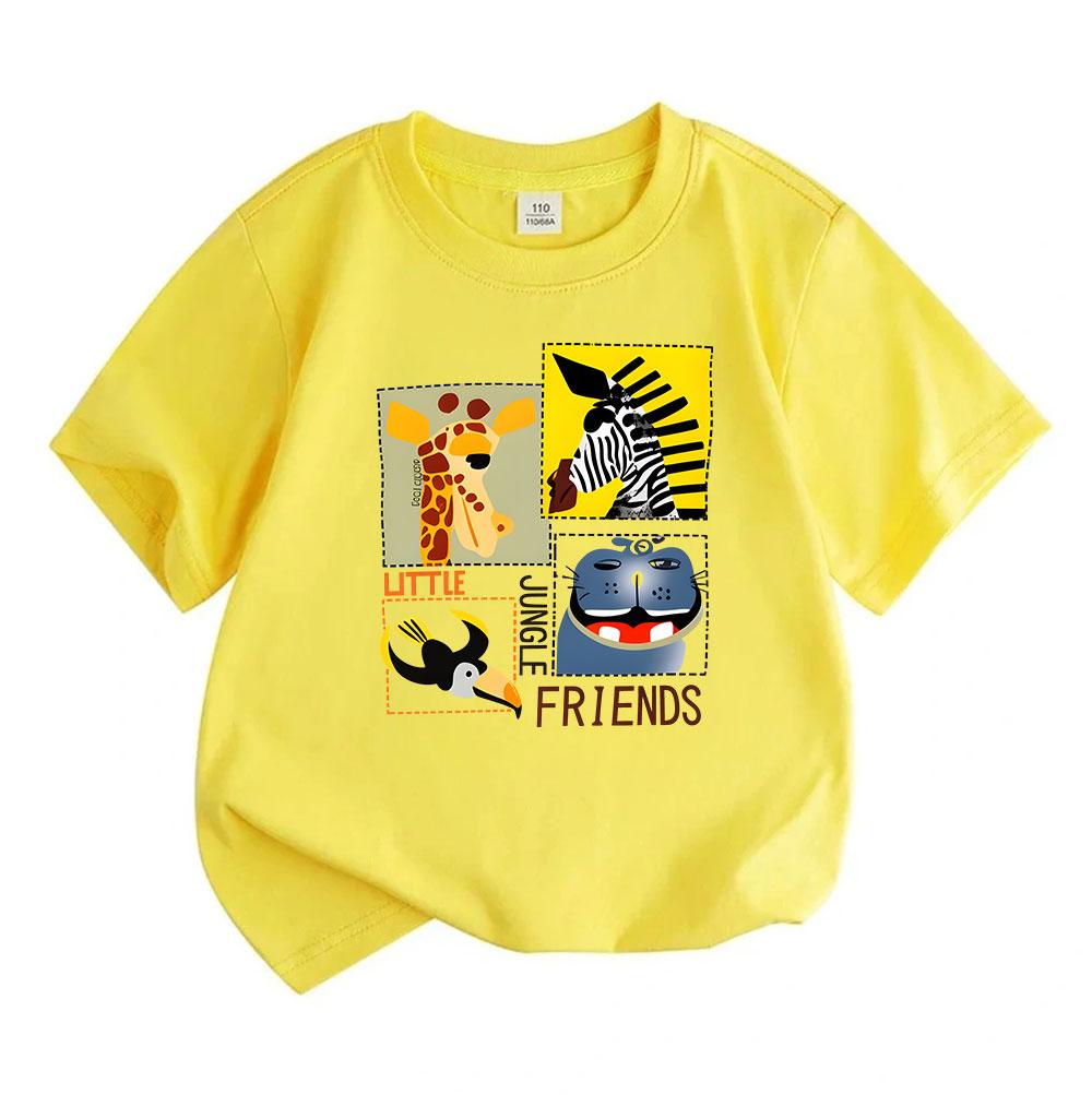 Kids Boys Girls 100% Cotton Crew Neck Short Sleeve T-Shirt, Cute Little Jungle Friends Giraffe Zebra Toucan Animal Printed Casual Tee for Daily Wear