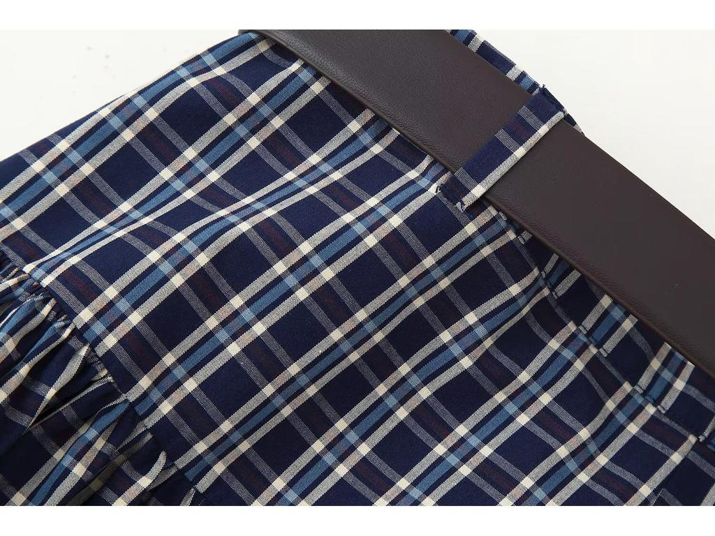 PB&ZA Women's Autumn European Style Plaid Midi Skirt with Belt