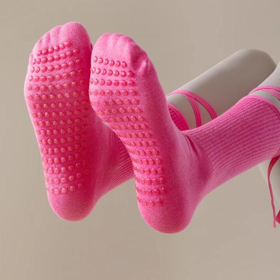Yoga Pilates Socks with Grips for Women Non-Slip Tie-up Ankle Socks Grippy Lace-up Crew Socks for Barre Ballet Dance