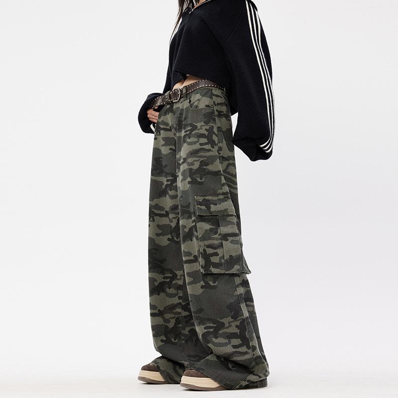 Vintage Camouflage Overalls Casual Multi-Pocket Wide Leg Loose Straight Skinny Floor Pants Trousers & Extended Elastane