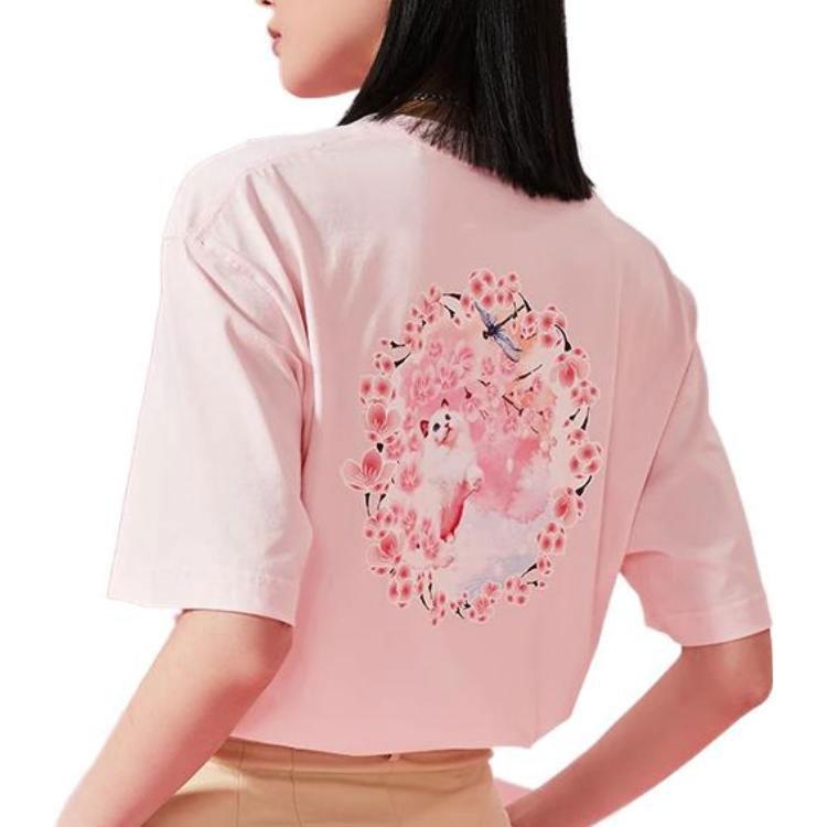 Li Ning SS22 Cherry Blossom Series Loose Short Sleeve Round Neck T-Shirt Women Tops Pink AHSS912-2