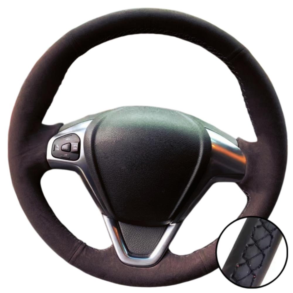Car Interior Hand Stitched Black Breathable Soft Suede Leather 2008-2017 Steering Wheel Cover For Ford EcoSport Fiesta