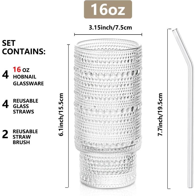 16oz Hobnail Drinking Glasses Set of 4, Stackable Glass Cups With Glass Straws, Aesthetic Cocktail Glasses