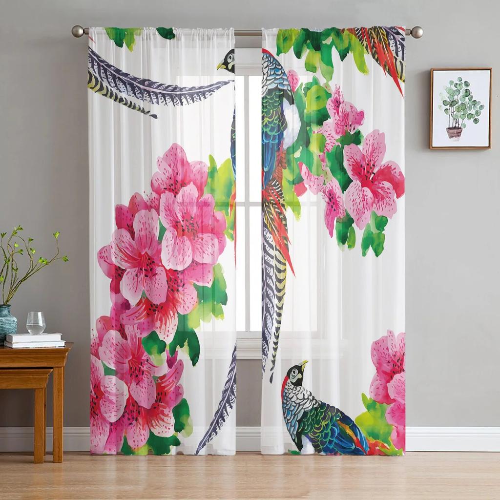 Birdie Leaves Plant Animal Modern Tulle Curtains For Living Room Bedroom Home Kitchen Window Sheer Curtains