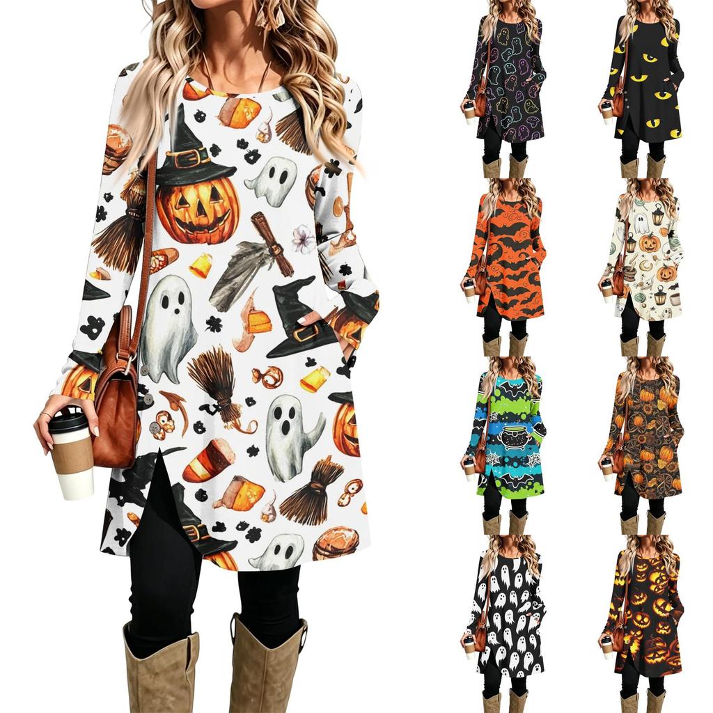 Women's Casual Long Sleeve Printed Round Neck Dress for Everyday Wear