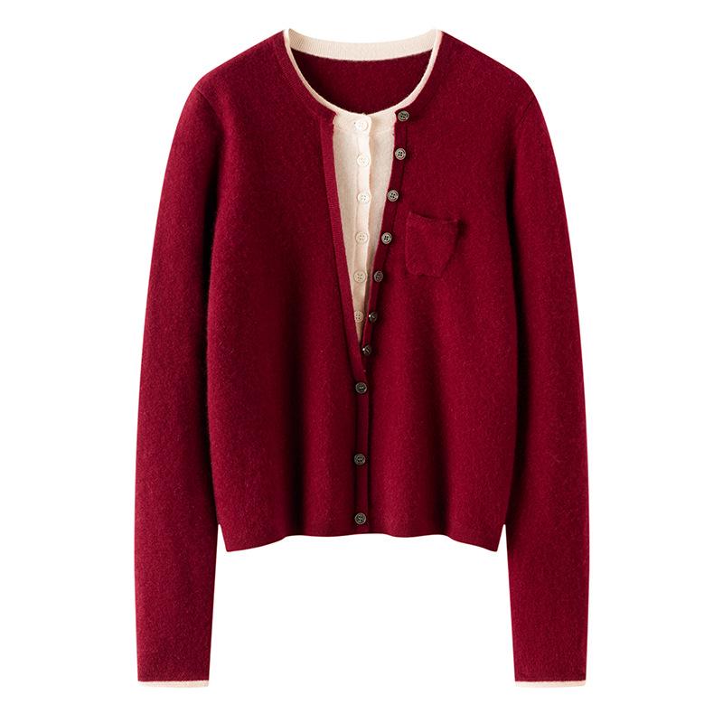 Women's Autumn/Winter Round Neck Single-Breasted Color-Block Cashmere Cardigan - Long Sleeve, Short Knit Sweater, Fake Two-Piece Design.