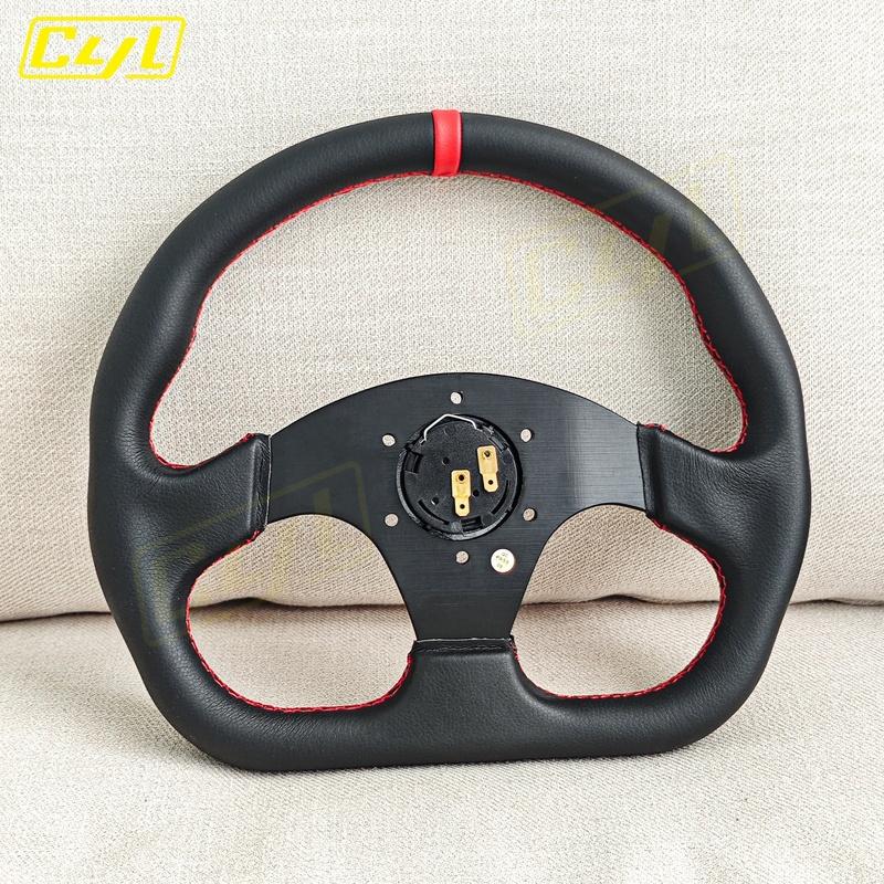JDM D Shape Red Stitching Leather Steering Wheel Flat Dish Racing Sports Gaming Steering Wheel