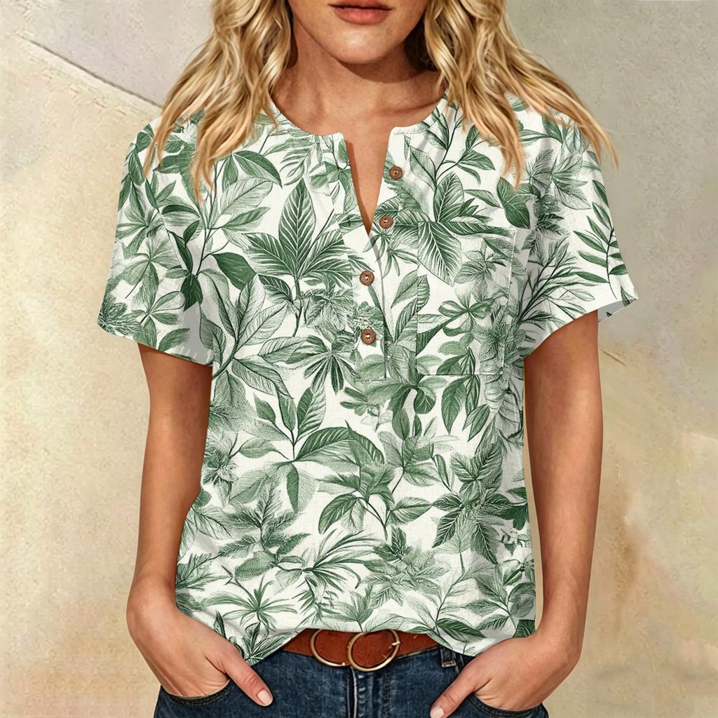 Damen Kurzarm Hemd aus Leinen-Baumwollmischung Henley Knopfleiste Brusttasche Blumendruck Lässiges Sommer Top
