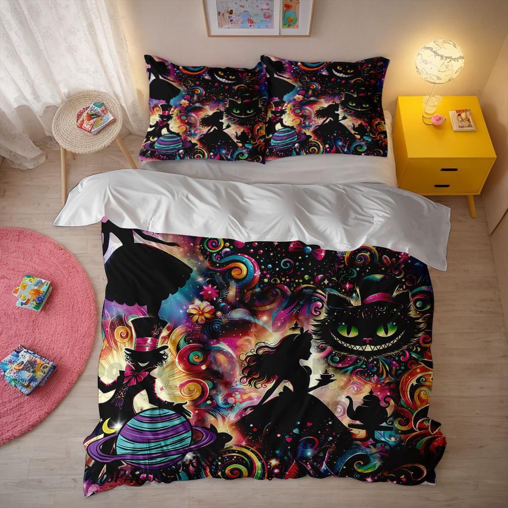 Alice In Wonderland Cheshire Cat Bedding Set Kawaii Pink Purple Duvet Cover With Pillowcases Anime Quilt Cover Bedroom Decor