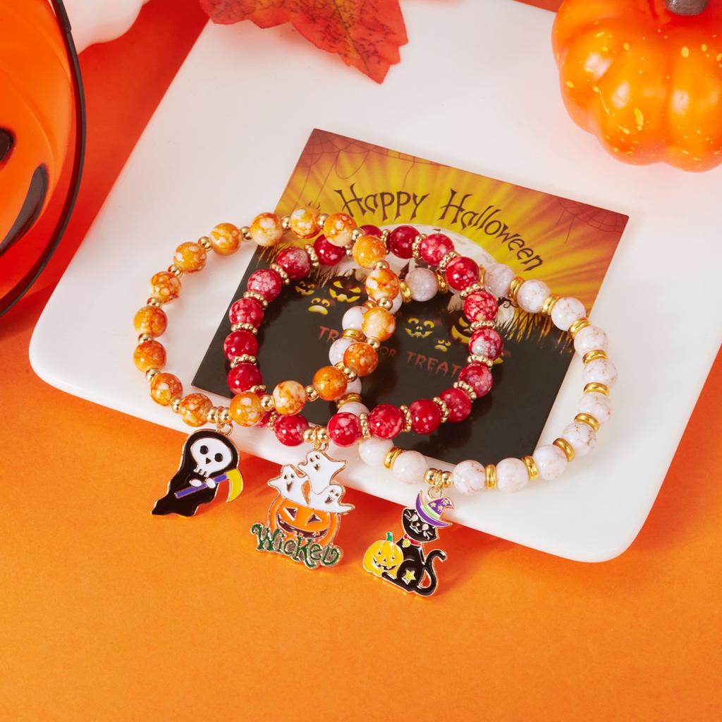 Halloween Ghost Black Cat Pumpkin Bat Moon Charm Multi-Layer Print Beaded Bracelet Gothic Boho Party Jewelry Gift For Women Men