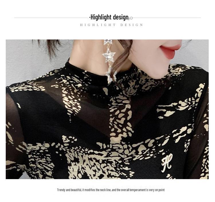 European 2024 Autumn/Winter Rhinestone Mesh Slim Fit Long Sleeve Top