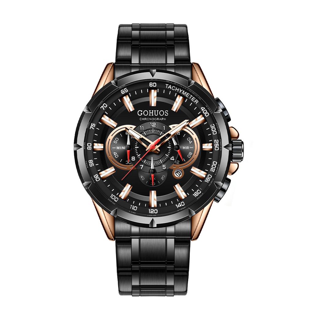 Gohuos 6003 Casual Sport Chronograph Men's Watches Stainless Steel Band Wristwatch Big Dial Quartz Clock with Luminous Pointers
