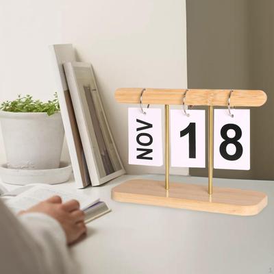 Desk Calendar Standing Wood Frame Page Turning Flip Perpetual for Kitchen Home Decor