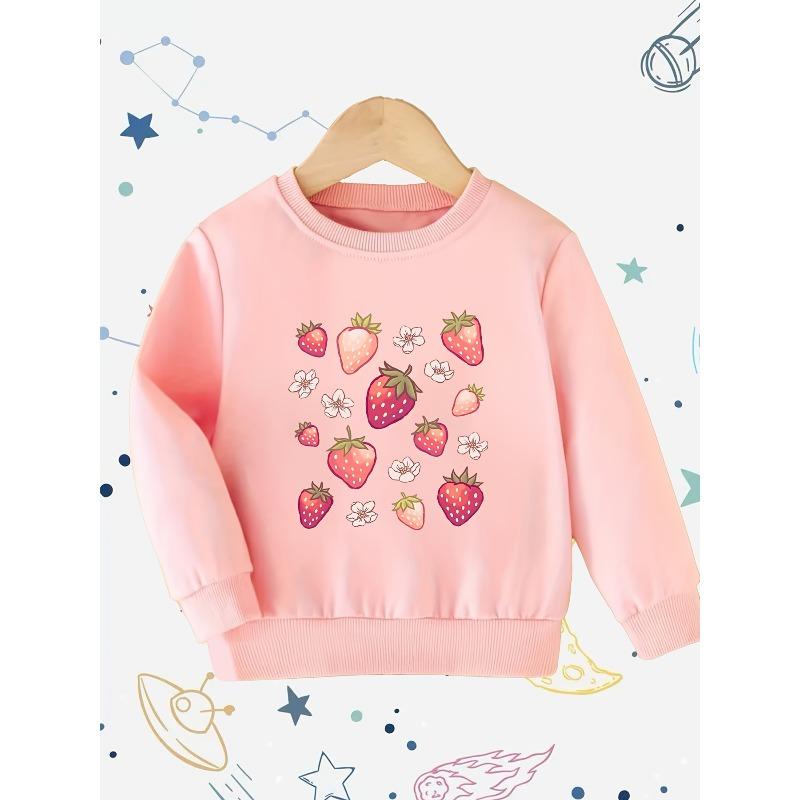 Strawberry and Cherry Pattern Children's Long-sleeved Round-neck Pullover, Suitable for Home, Play, Daily Wear, School, Christmas and Halloween Gifts